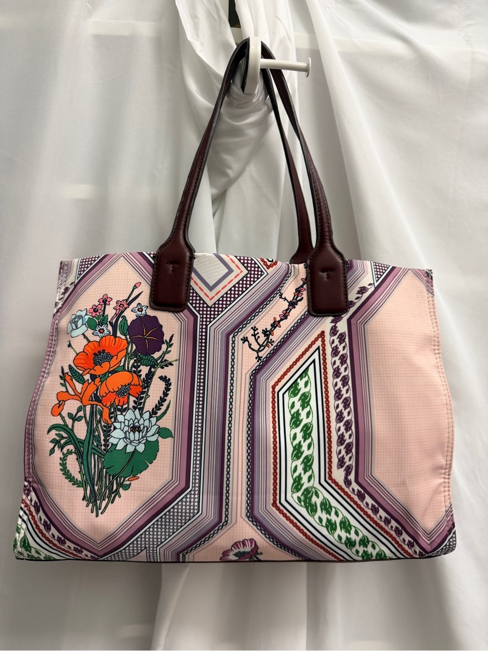 Tory Burch Large Ella Tote Geometric Floral Scarf Print Burgundy Leather Logo - Picture 2 of 15